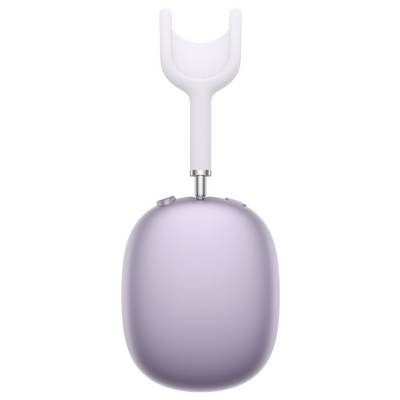 Casque sans fil supra-auriculaire violet avec serre-tête en maille blanche, vu de dessus, mettant en valeur son design épuré et les commandes des écouteurs.