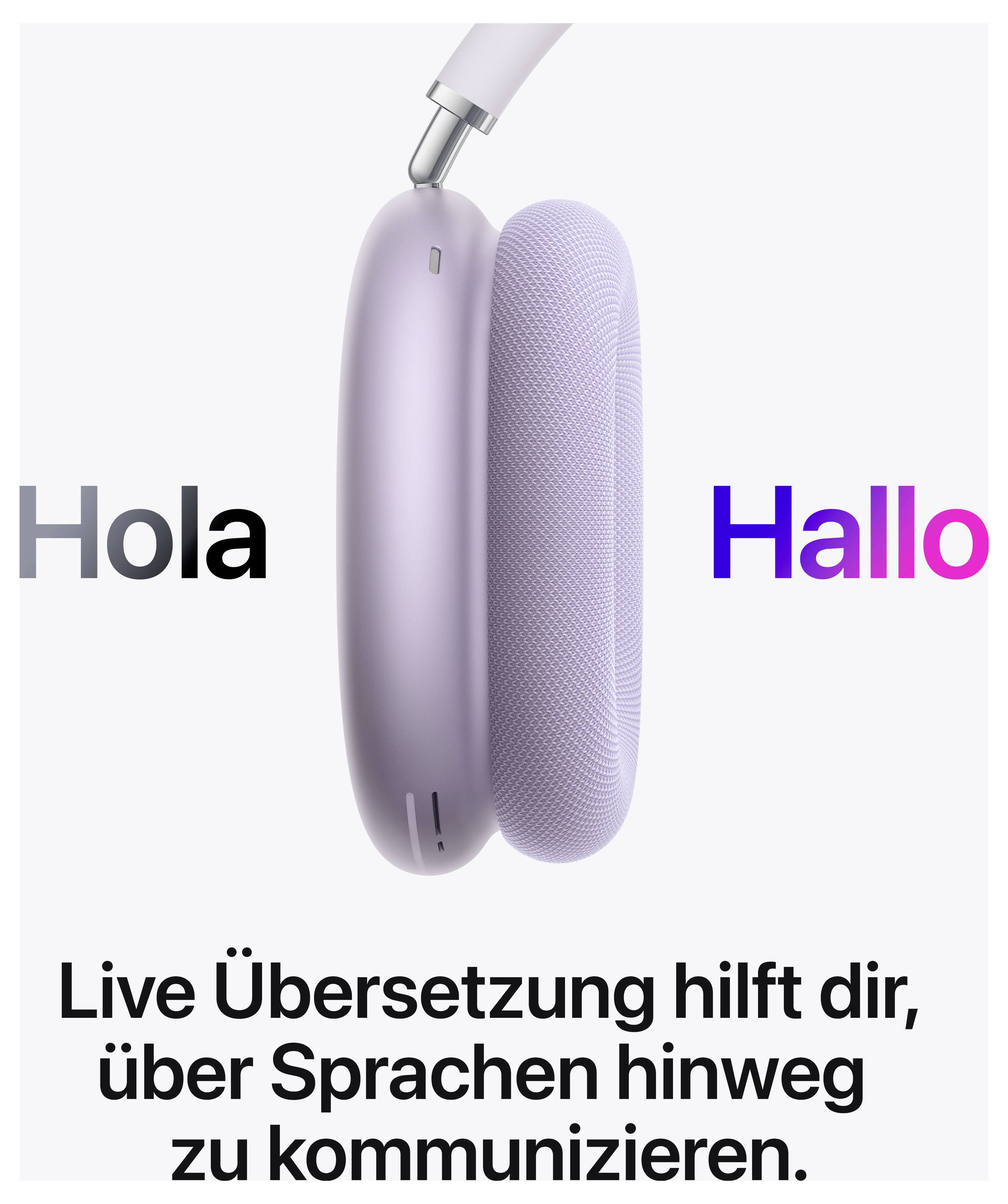 Une paire d'écouteurs de couleur mauve à côté du texte : « Hola », « Hallo ». En dessous est écrit : « La traduction en direct t'aide à communiquer par-delà les barrières linguistiques. »