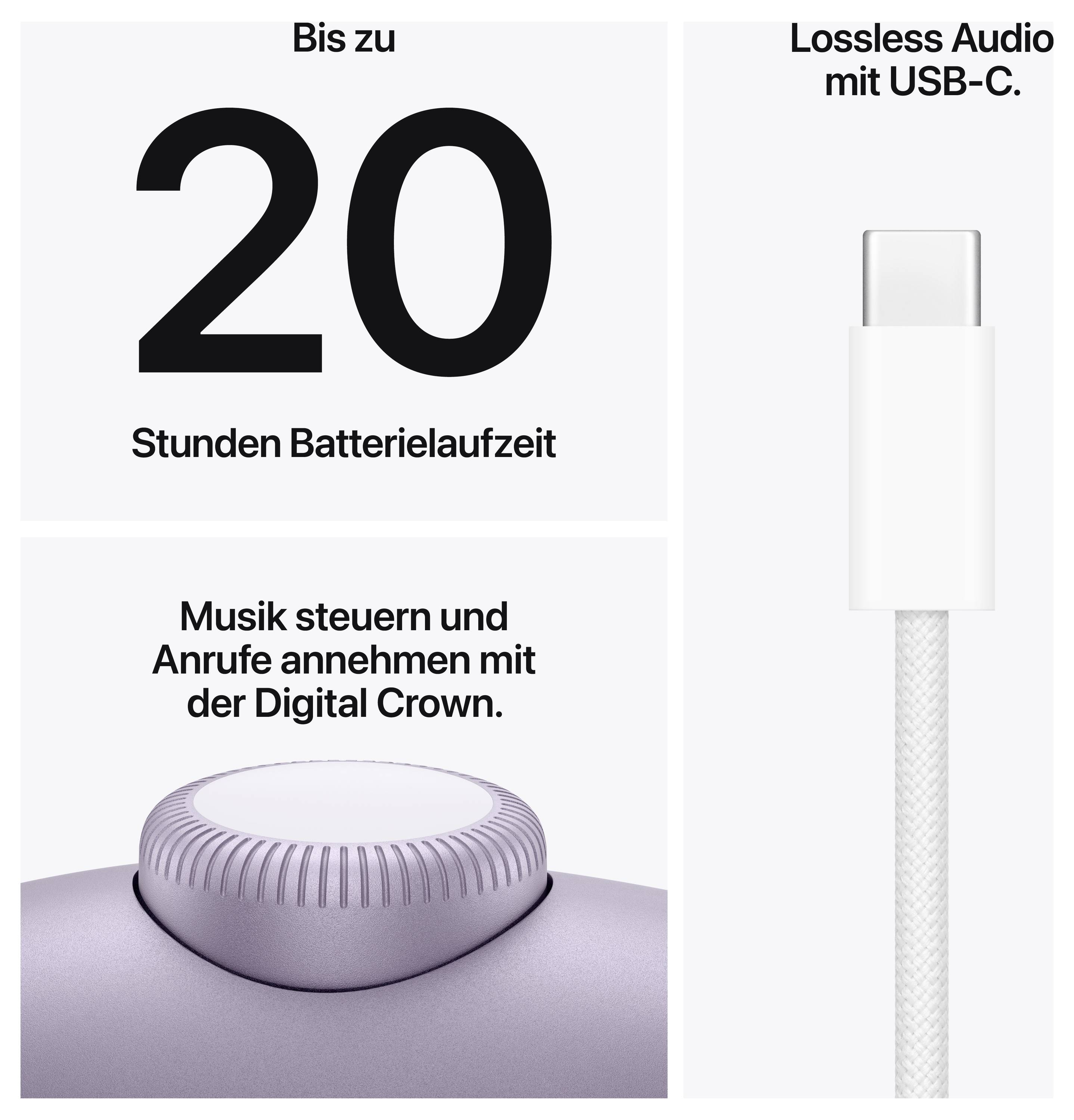 « Jusqu'à 20 heures d'autonomie de batterie », « Contrôler la musique et répondre aux appels avec la Digital Crown », « Audio sans perte avec USB-C ». Image d'un accessoire audio avec connecteur USB-C.