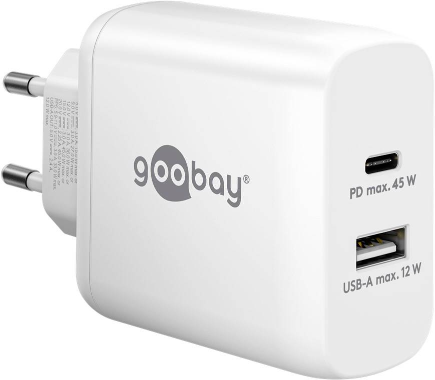 Goobay TRA USB 45W 2 Port 1xC PD/1xA GaN ws PL Chargeur USB 45 W 1x USB-C®, 1x USB-A Power Delivery blanc pour prise mur-0