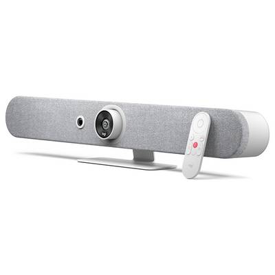 Une barre de son pour vidéoconférence Logitech grise avec caméra, un pied de bureau et une télécommande blanche.