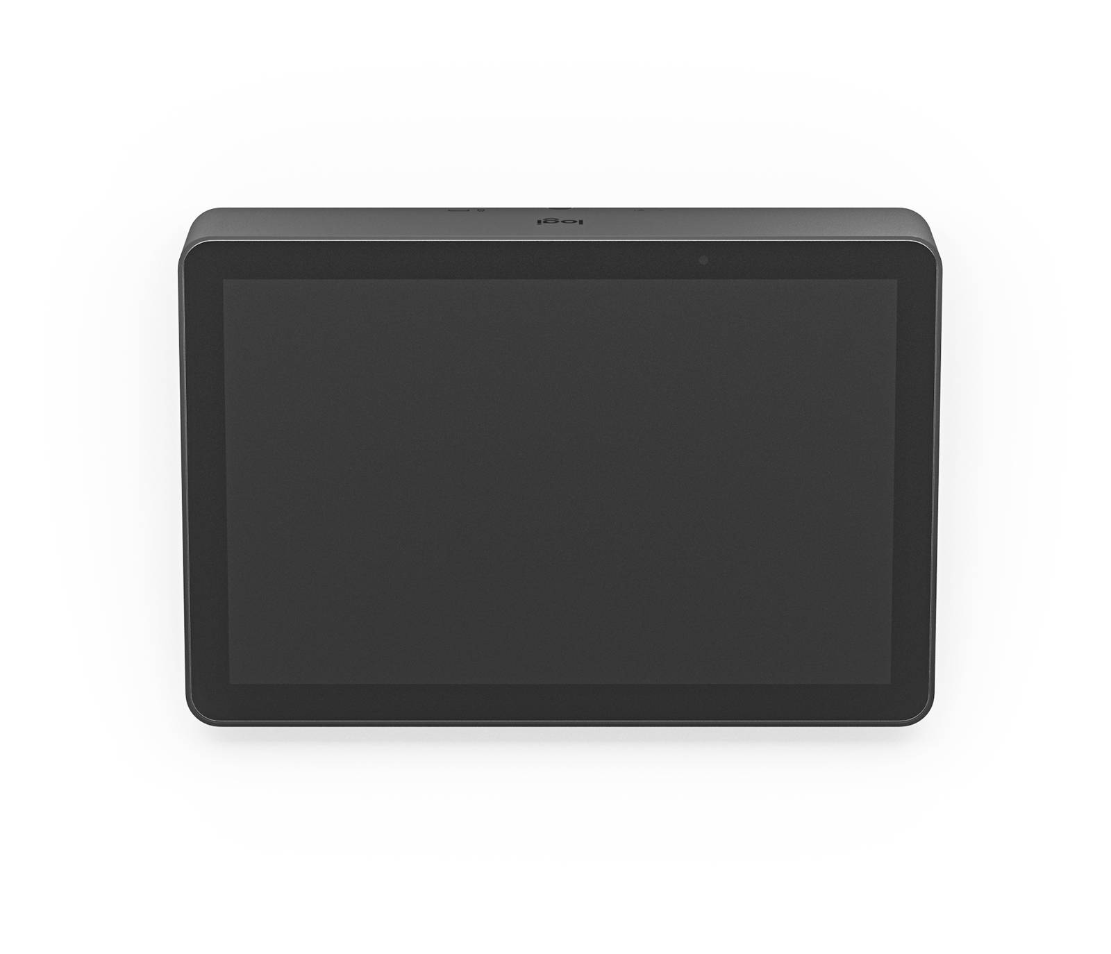 Tablette ou écran tactile rectangulaire noir vu de face sur un fond blanc.
