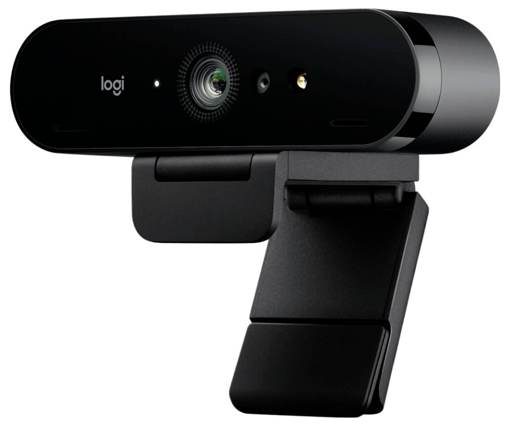 Webcam Logitech noir avec support à pince réglable sur un fond blanc.