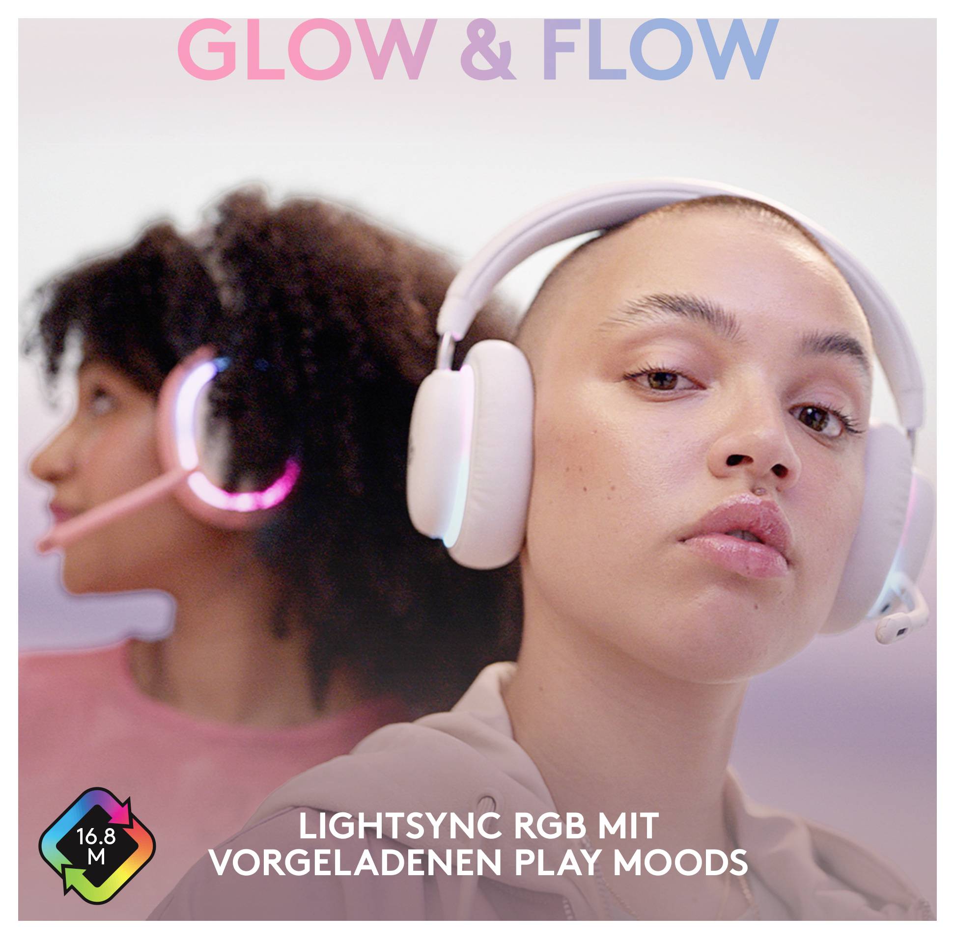 Image promotionnelle de deux personnes portant des casques de jeu, avec le texte « GLOW & FLOW » et « LIGHTSYNC RGB AVEC PLAY MOODS PRÉCHARGÉES ».