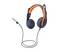 Casque supra-auriculaire filaire noir et orange avec microphone perche et prise USB sur fond blanc.