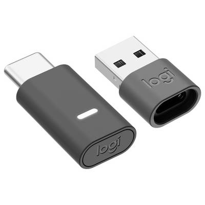 Deux adaptateurs de dongle sans fil USB Logitech avec des connecteurs USB-A et des boîtiers arrondis noirs, présentés sur un fond blanc.