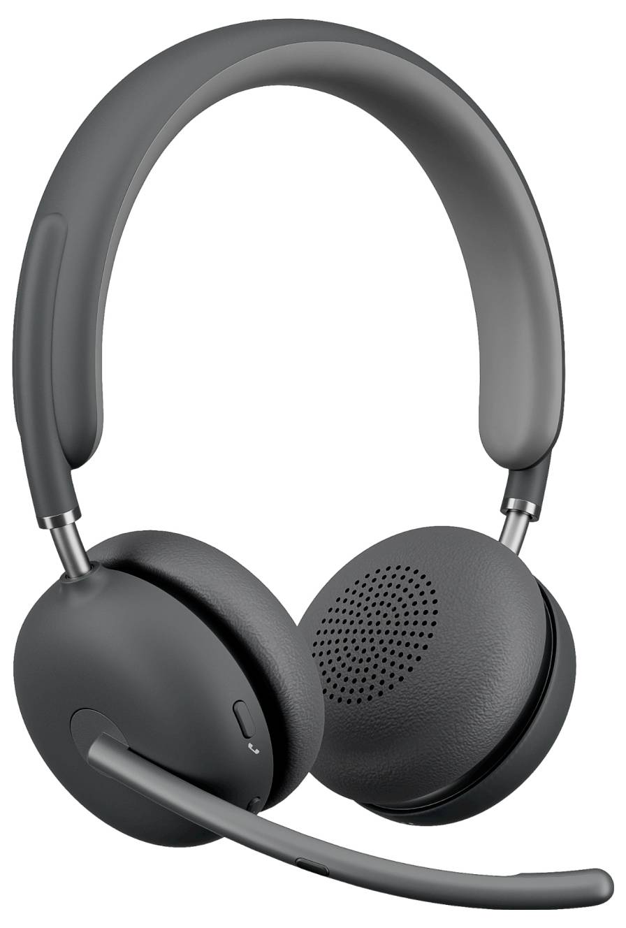 Casque audio sans fil supra-auriculaire noir avec un microphone perché sur un fond blanc.