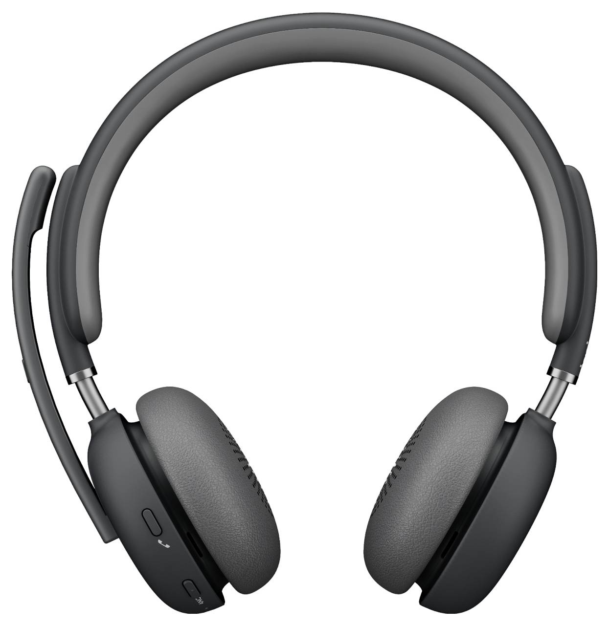 Casque sans fil supra-auriculaire noir avec microphone boom, présenté en vue de face sur un fond blanc uni.