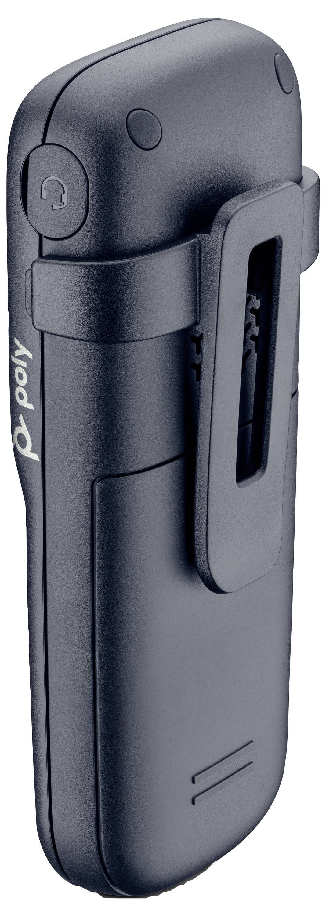 Appareil audio noir avec clip à enfiler, icône de casque intégré et pince de ceinture, présenté en vue de profil sur fond blanc.