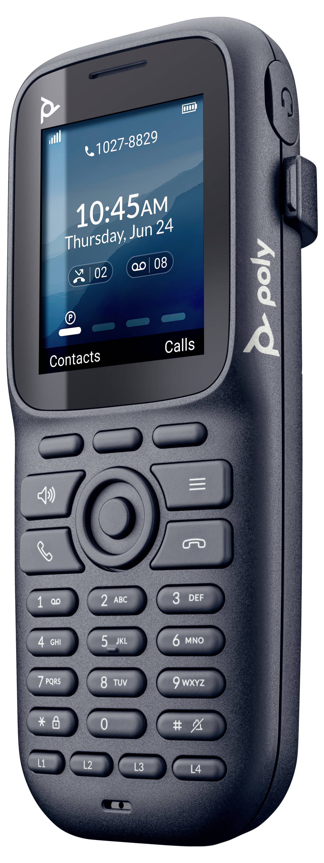 Un téléphone de bureau Poly robuste avec écran couleur, clavier, anneau de navigation et bouton latéral, présenté en gris foncé.