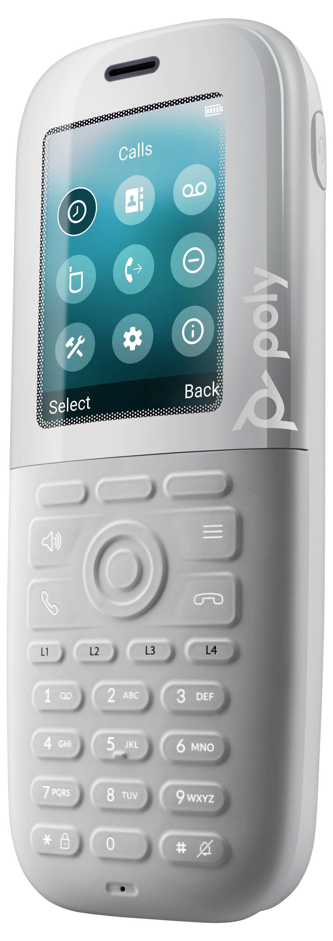 Un téléphone à clapet Alcatel de couleur argent présenté de face, avec un petit écran affichant un menu d'appels et un clavier physique avec bouton de navigation.