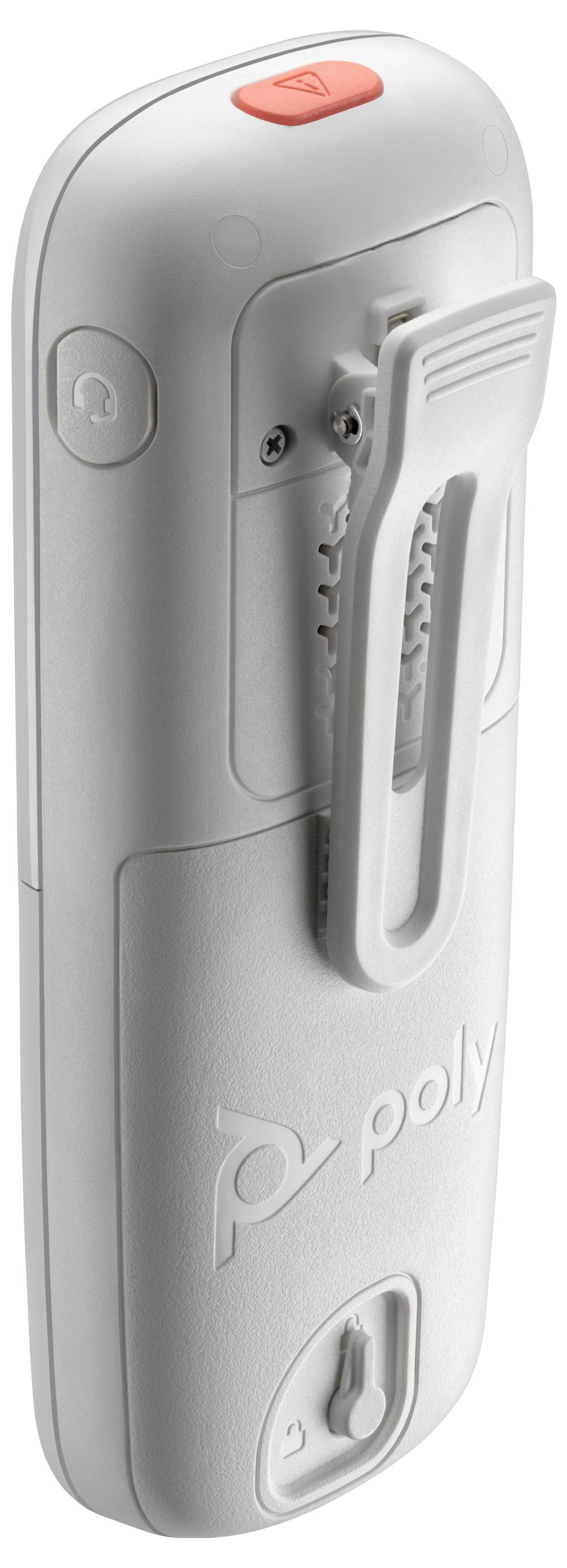 Vue de côté d'un appareil portable gris Poly avec un bouton supérieur rouge, une pince latérale et un commutateur inférieur.