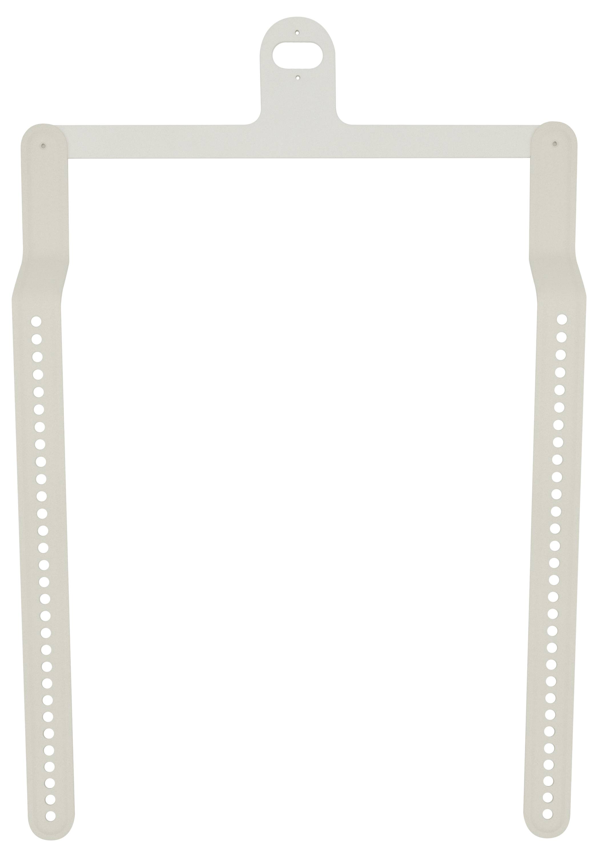 Support de montage en U en plastique beige avec deux bras latéraux perforés longs et une languette de suspension en haut.
