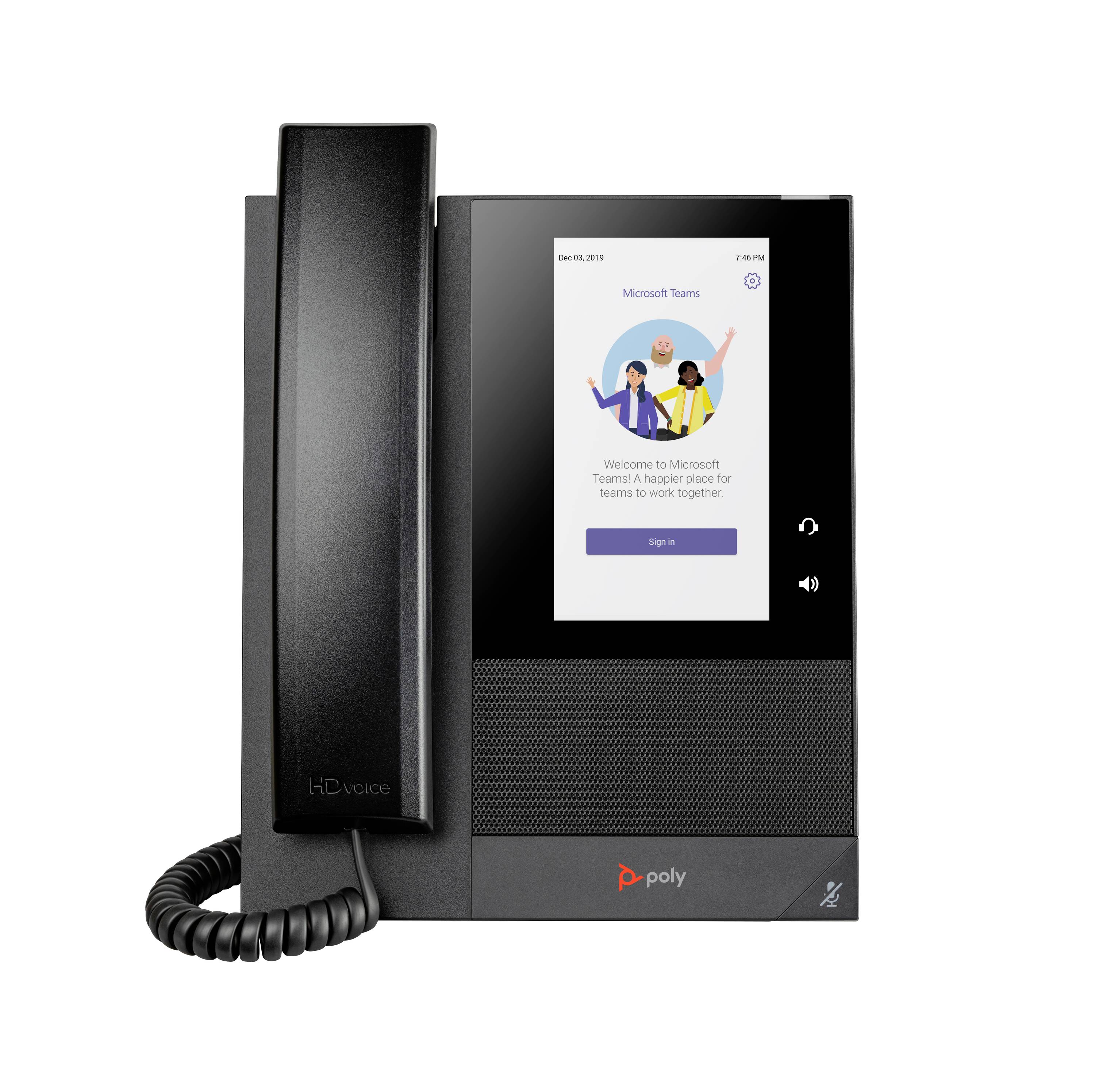 Téléphone de bureau Poly HD Voice affichant un écran de bienvenue Microsoft Teams avec un bouton « Se connecter », avec un cordon de combiné enroulé attaché.