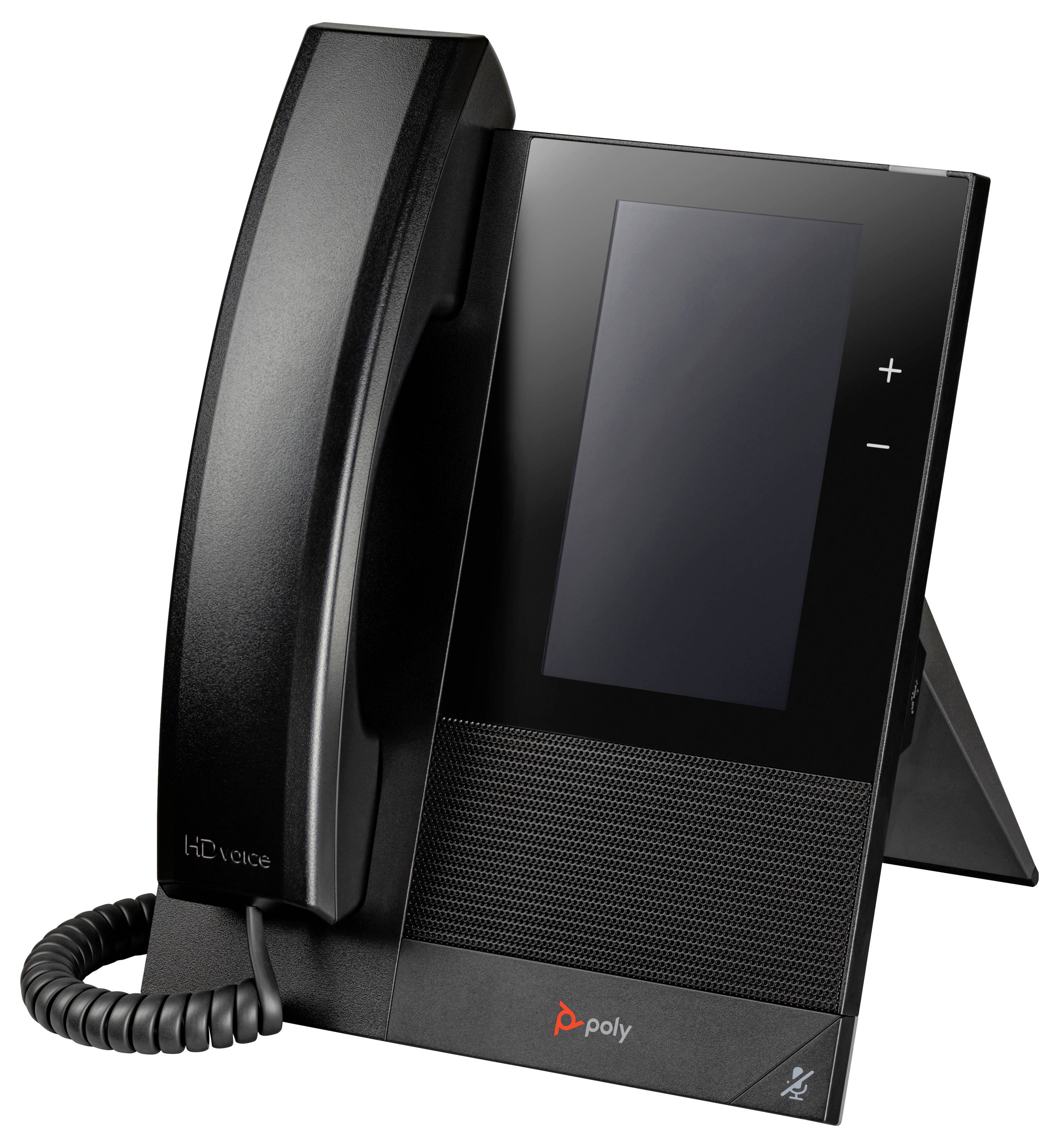 Téléphone de bureau noir en polyester avec combiné, écran tactile, grille de haut-parleur et boutons de volume sur un socle.