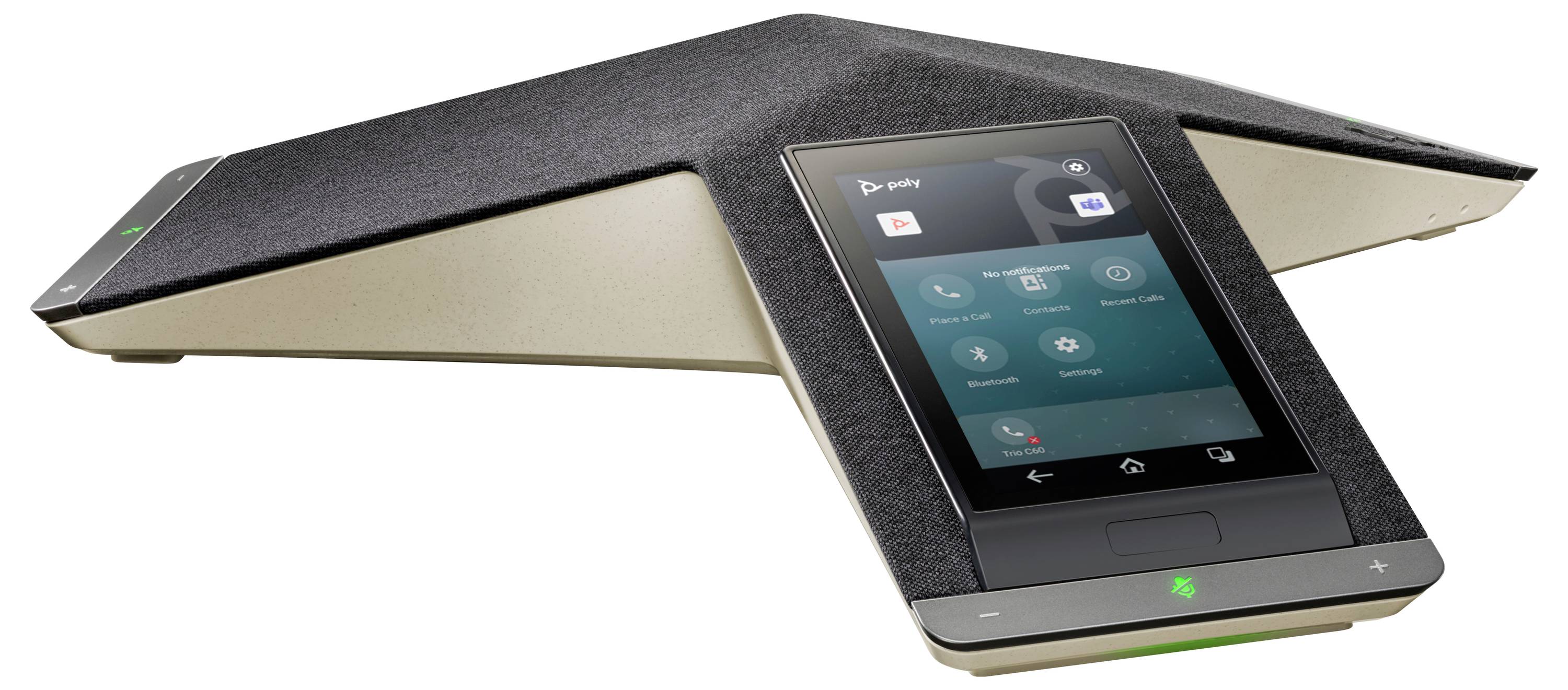 Un téléphone conférence triangulaire avec un écran tactile intégré et des icônes de contrôle, présenté sur un fond blanc.