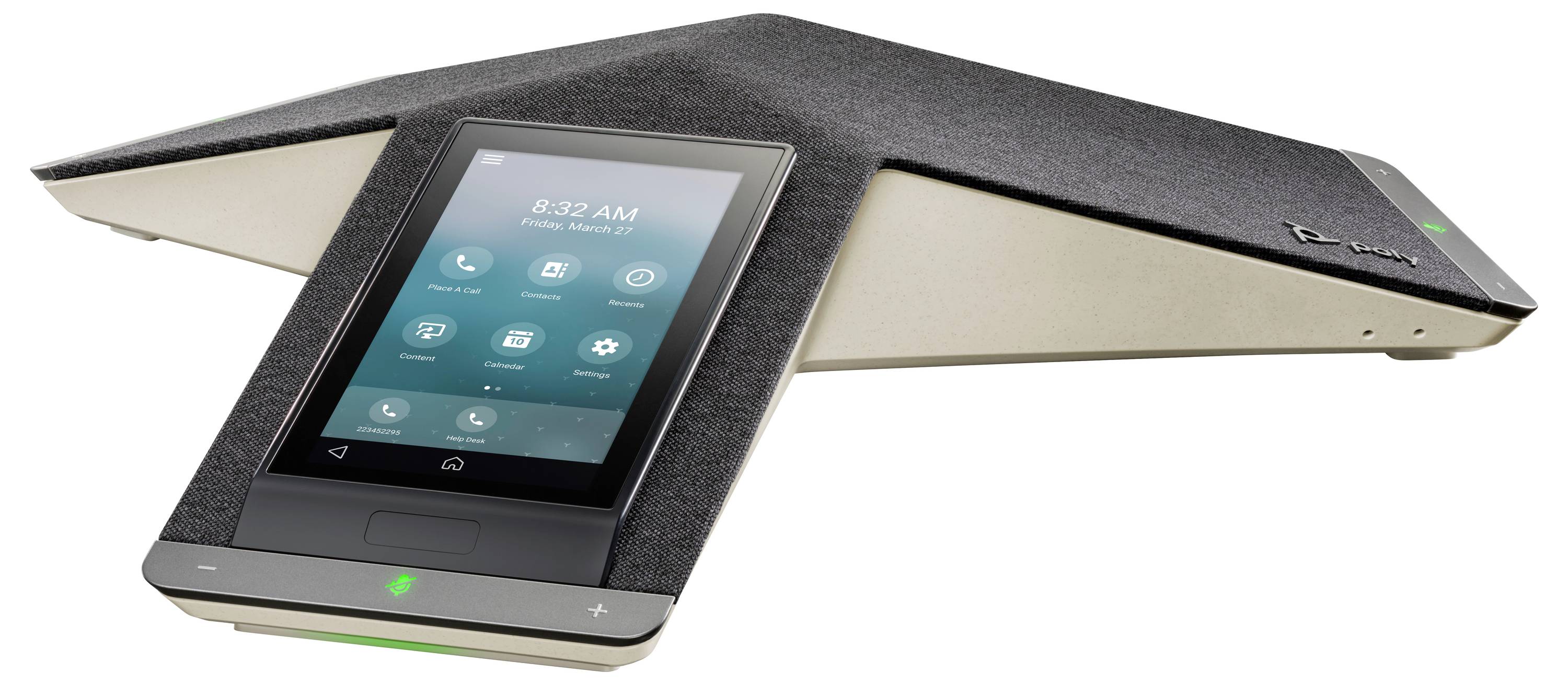 Haut-parleur de conférence portable avec écran tactile incliné et boutons de contrôle d'appel illuminés sur un appareil de bureau.