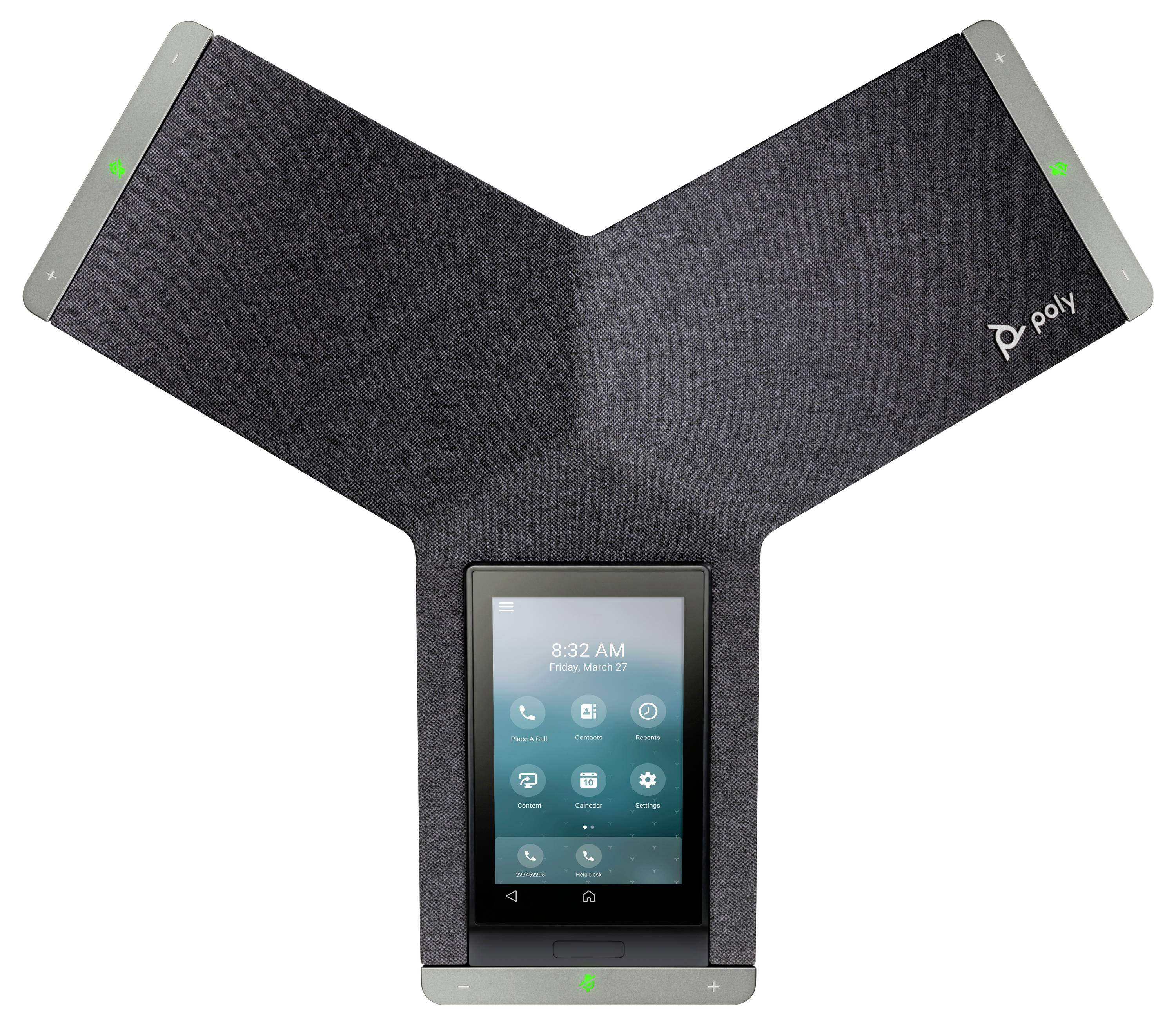 Téléphone de conférence Poly avec trois bras de microphone et un écran tactile central