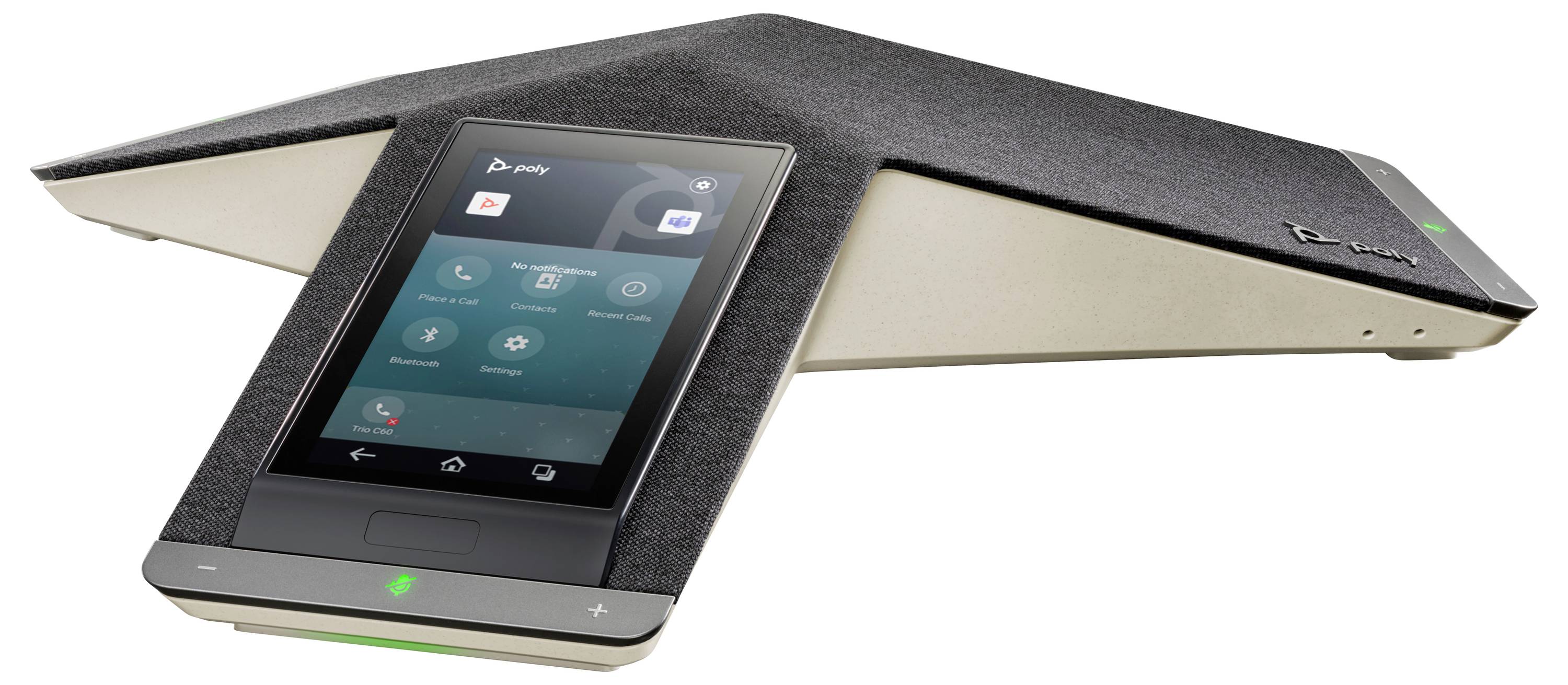 Téléphone de conférence portable avec panneau de contrôle tactile, affichant des icônes d'appel et d'applications, utilisé pour les réunions ou la conférence