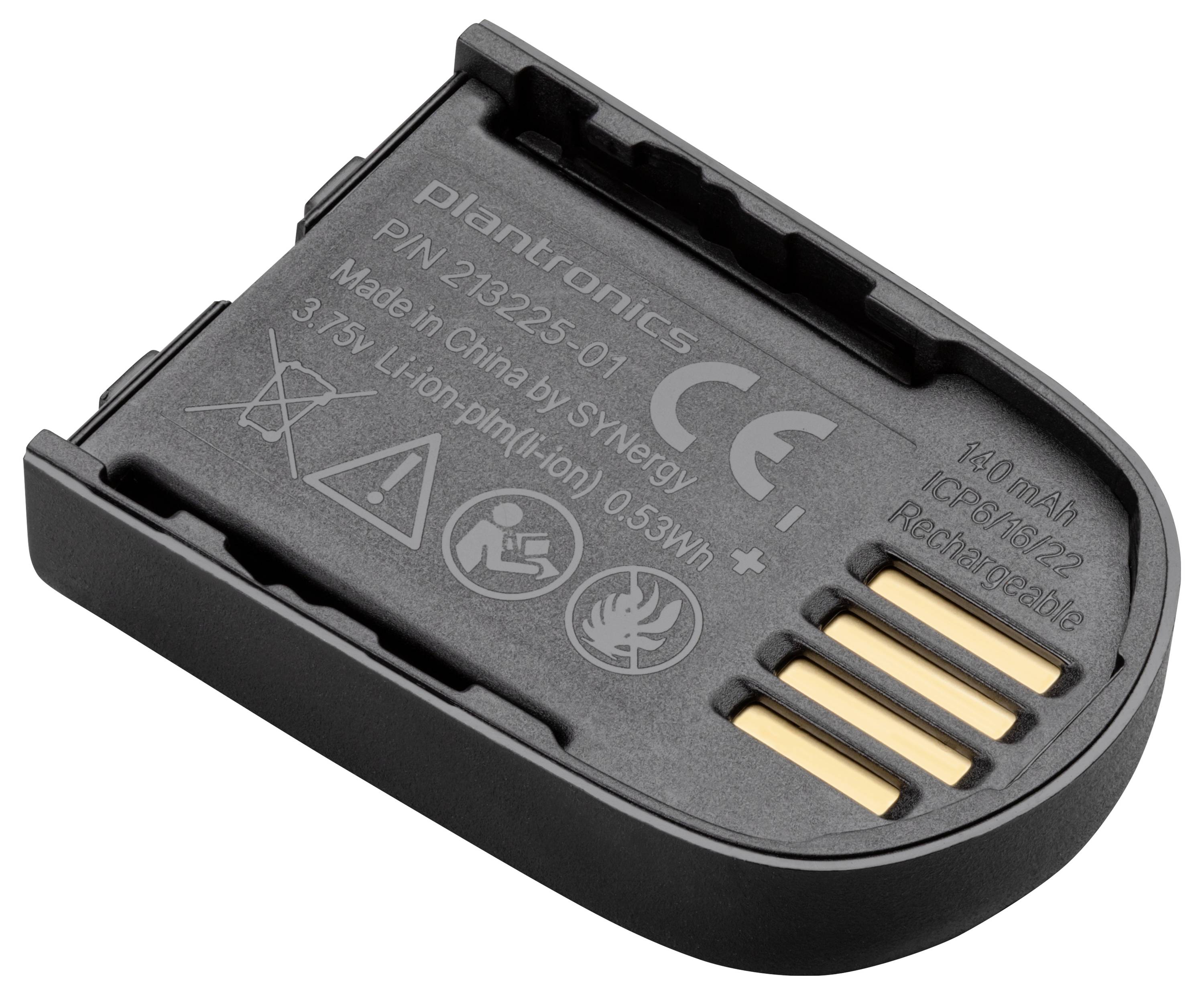 Gros plan d'un bloc de batterie lithium-ion rechargeable Plantronics avec les bornes de contact visibles et les spécifications imprimées.