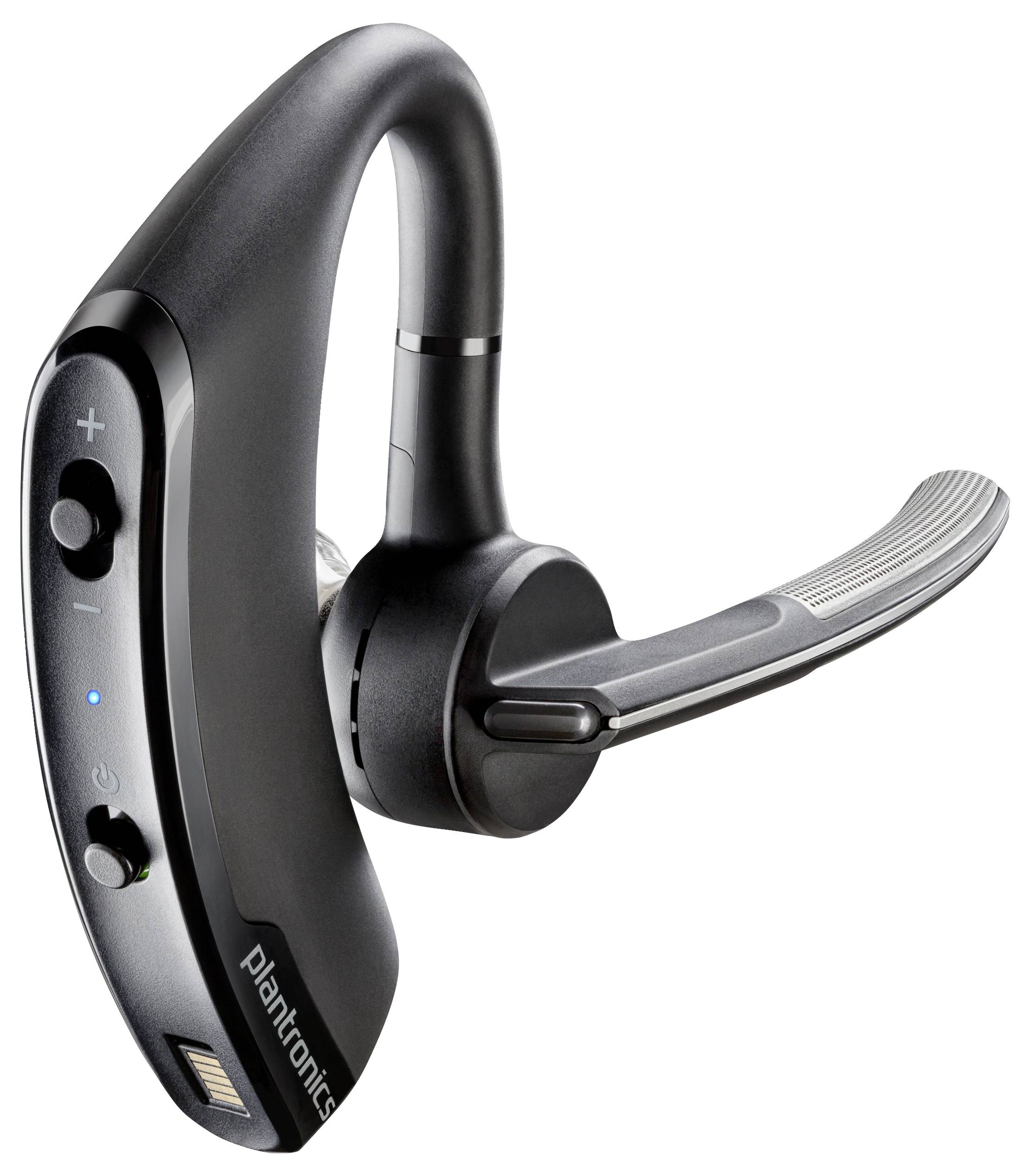 Casque sans fil Bluetooth Plantronics noir avec arceau auriculaire et microphone boomable rétractable sur fond blanc