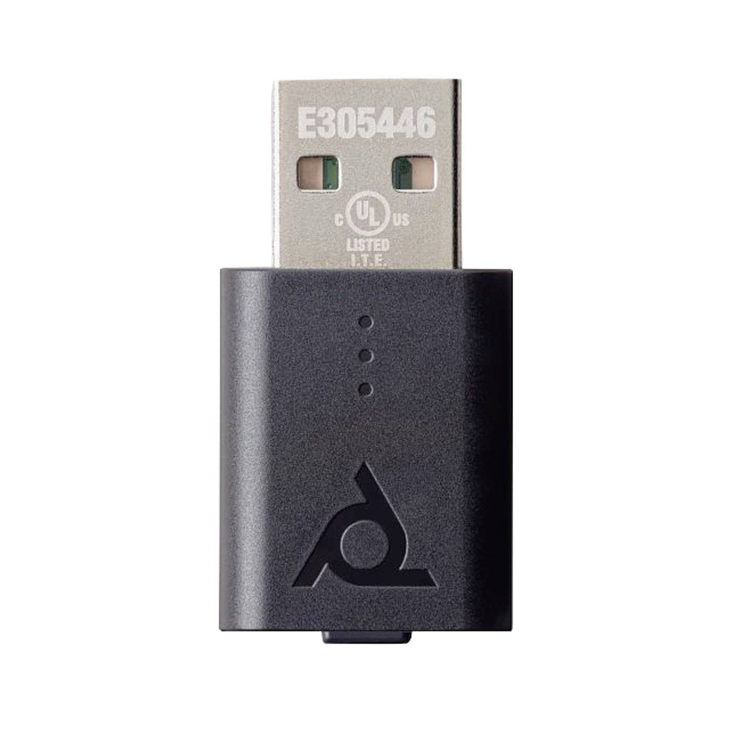 Adaptateur USB noir avec trois trous d'indicateurs LED et un logo imprimé sur le devant, présenté sur un fond blanc.