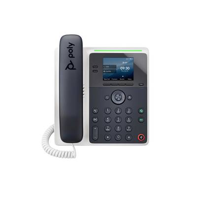 Téléphone de bureau Poly avec combiné filaire, affichage couleur, clavier, boutons de navigation et commandes d'appel sur fond blanc.