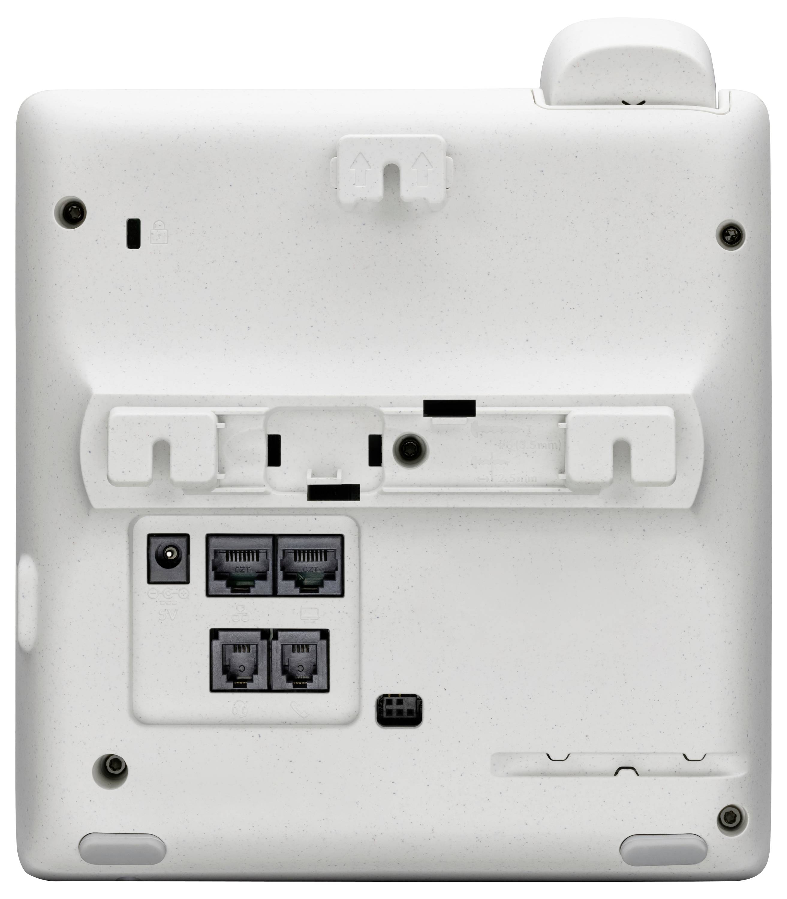 Vue arrière d'un appareil électronique monté en mural avec des supports de montage et des ports, incluant l'alimentation, Ethernet et des prises téléphoniques.
