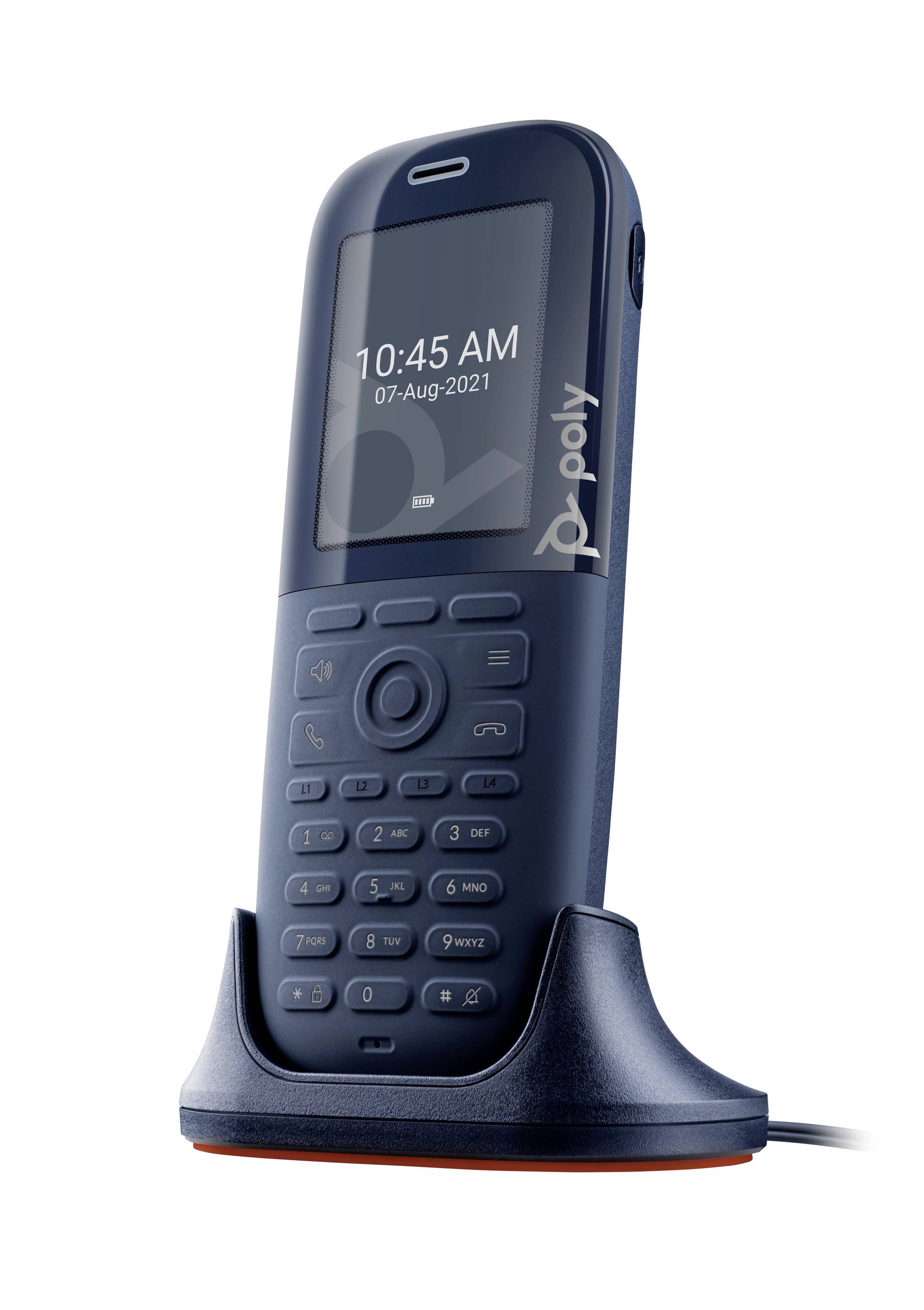 Un téléphone fixe sans fil bleu se dressant dans un socle de recharge, avec un écran affichant 10:45 AM et la date 07-Aug-2021.