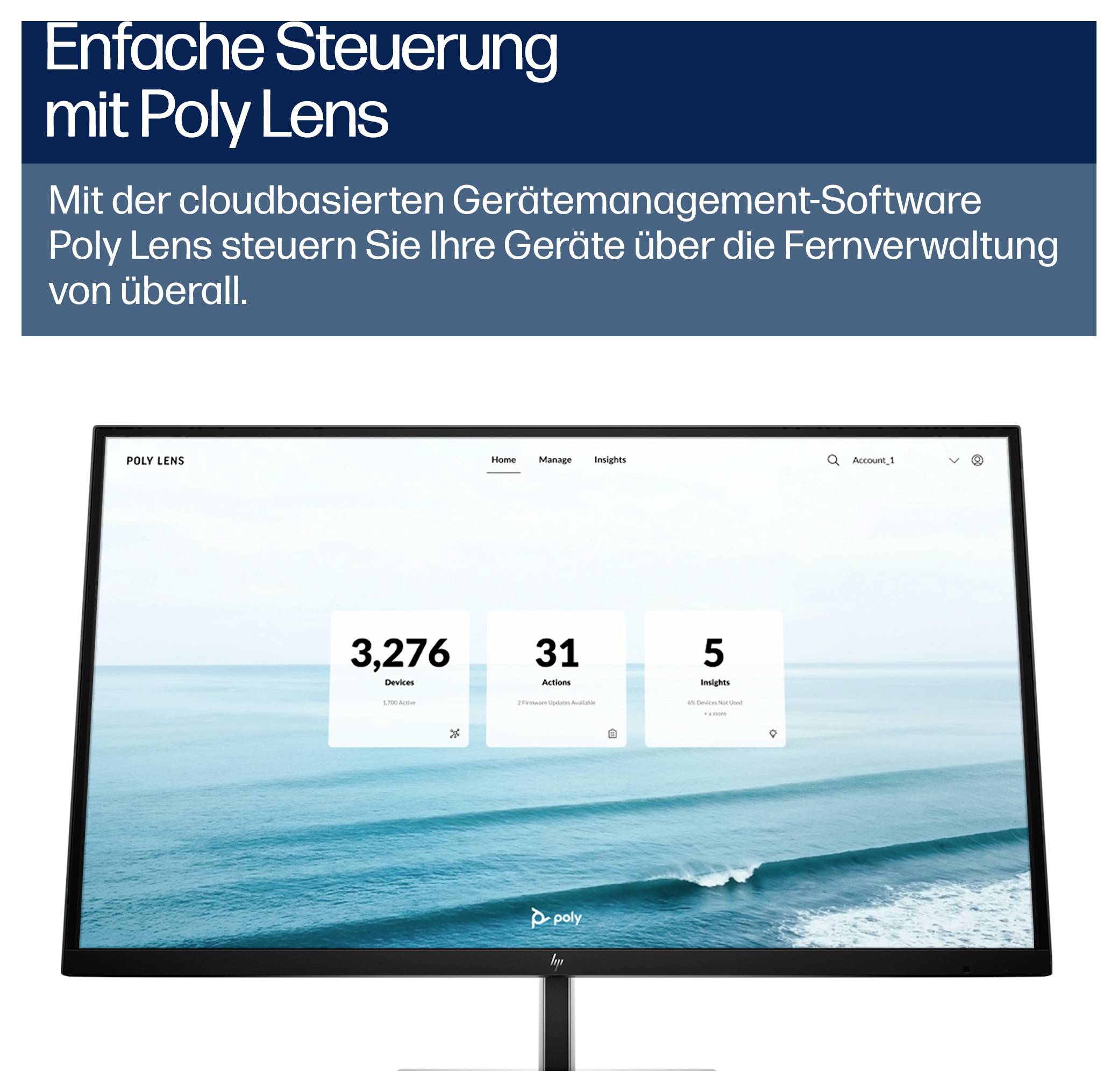 Logiciel de gestion des appareils Poly Lens affichant un tableau de bord de surveillance et un titre allemand « Einfache Steuerung mit Poly Lens » pour la gestion des appareils à distance.