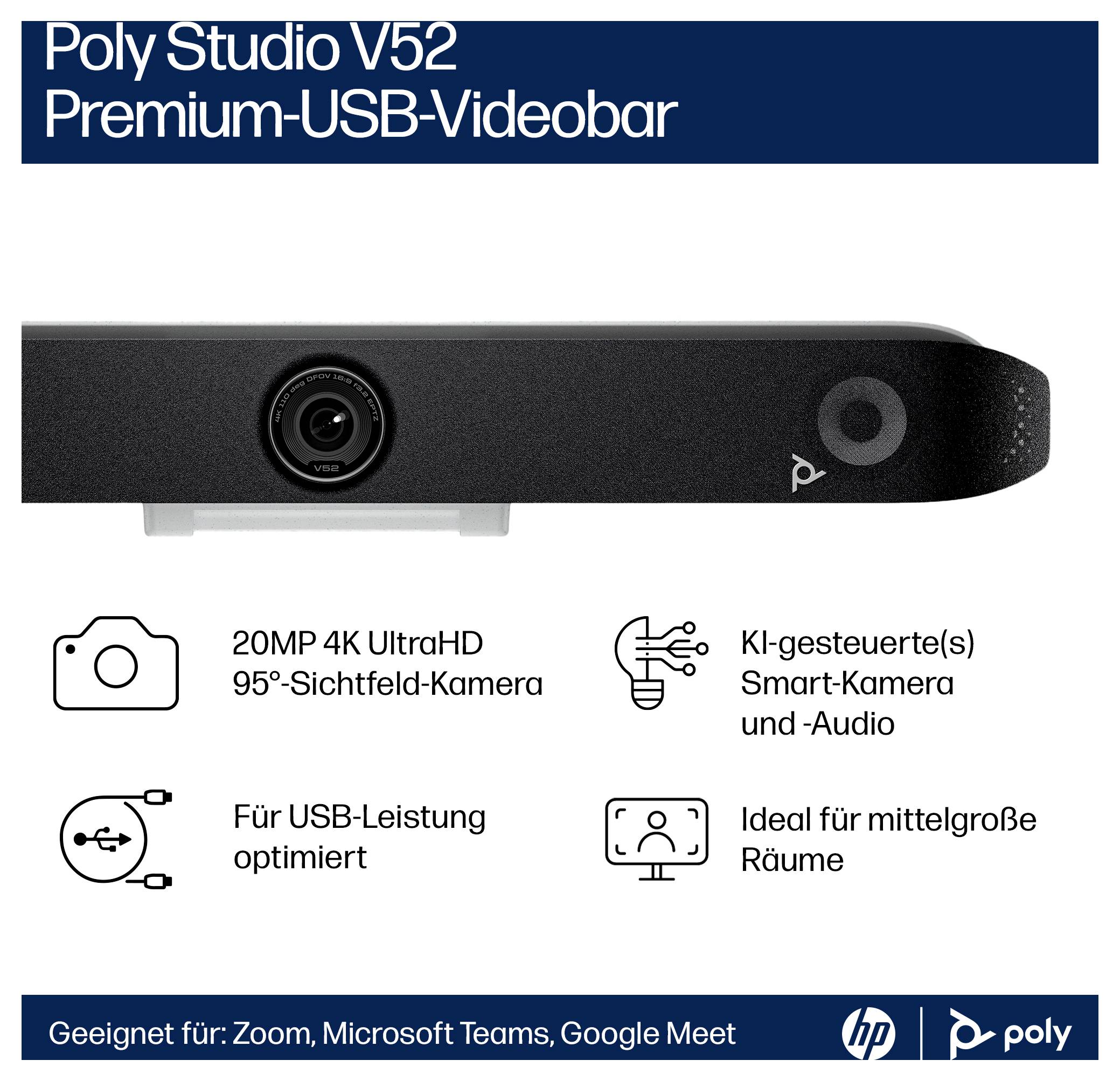 Image promotionnelle d'une barre vidéo Poly Studio V52 Premium-USB avec caméra intégrée 20MP 4K UltraHD 95° et caméra intelligente contrôlée par IA et audio intelligent, adaptée aux salles de taille moyenne et fonctionnant sur USB.