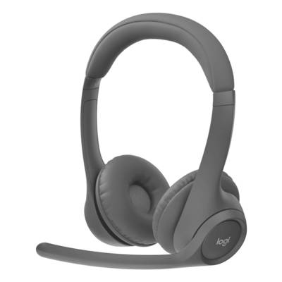 Casque audio Logitech gris supra-auriculaire avec microphone à bras sur fond blanc.