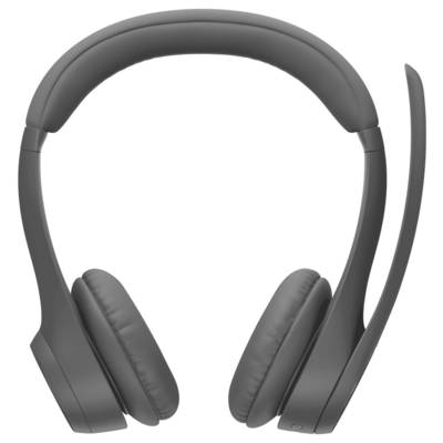 Casque audio gris supra-auriculaire avec un microphone à bras intégré, présenté sur un fond blanc.
