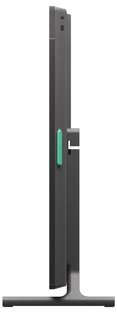 Vue latérale d'un support de moniteur ou d'écran noir et élancé avec un bras de support central et une base rectangulaire large.