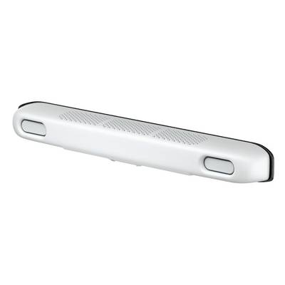 Appareil électronique portatif blanc avec une grille perforée au-dessus et des boutons ovales aux deux extrémités, présenté sur un fond blanc.