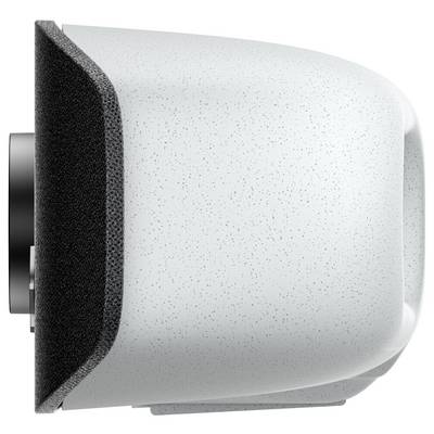 Purificateur d'air cylindrique fixé au mur avec un corps blanc tacheté et une prise d'air noire sur le côté gauche.