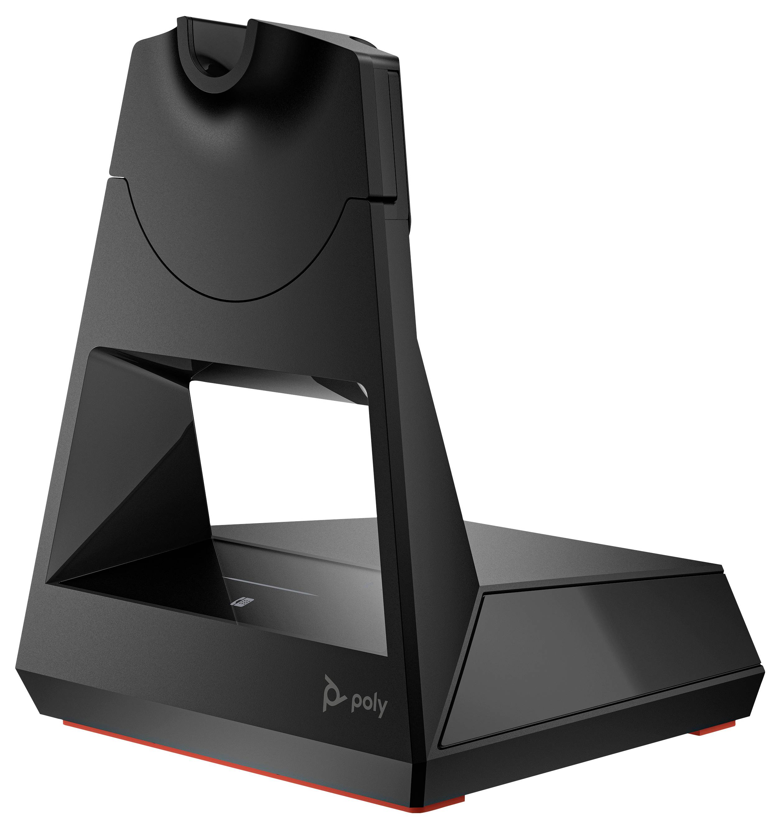 Caméra de vidéoconférence de bureau en noir brillant avec un support triangulaire intégré et une ouverture de lentille.