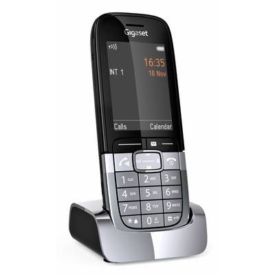 Un téléphone sans fil Gigaset sur un socle de charge, affichant l'écran d'accueil avec l'heure 16:35, la date 16 nov, et des touches programmables pour Appels et Calendrier.