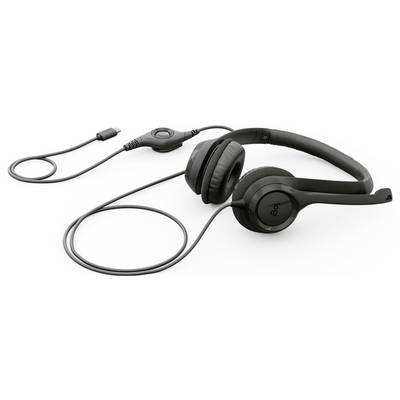 Casque supra-auriculaire noir avec un câble attaché, présenté enroulé sur un fond blanc.