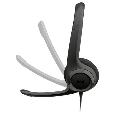 Casque audio Logitech noir supra-auriculaire avec microphone à perche et serre-tête ajustable, présenté avec une oreillette et deux coussinets auriculaires détachables sur fond blanc.