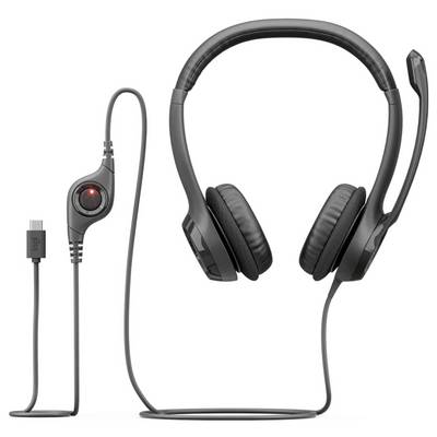 Casque supra-auriculaire filaire noir avec microphone perche et commande intégrée, présenté sur fond blanc.