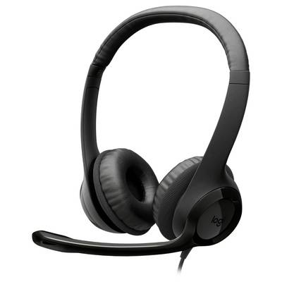 Casque audio supra-auriculaire noir avec serre-tête rembourré et microphone à perche, présenté sur un fond blanc.