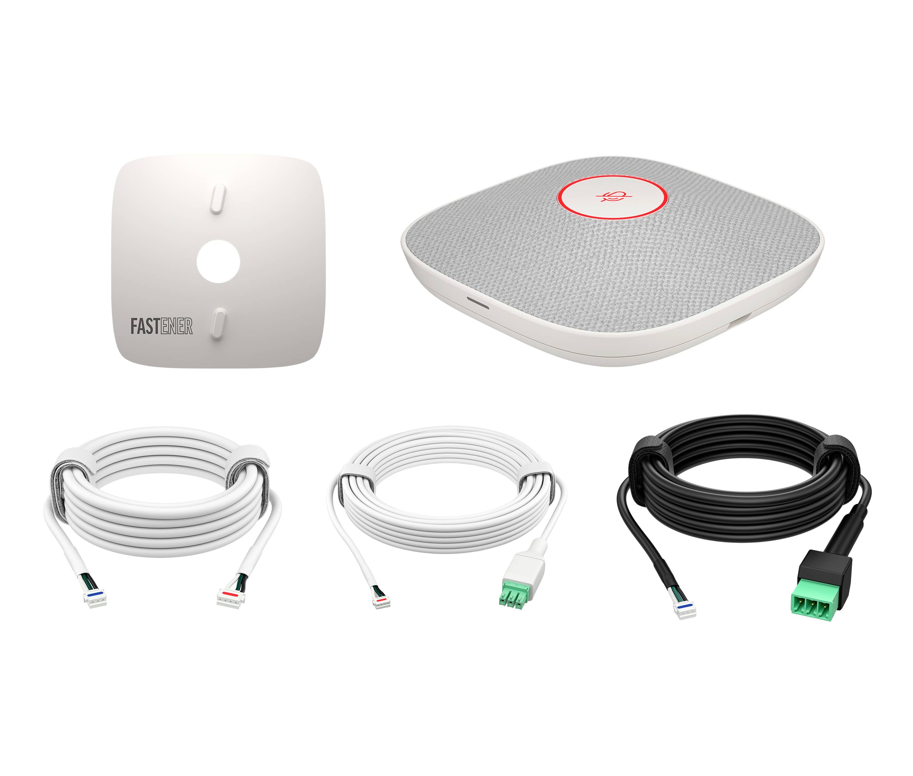 Dispositif de fixation présenté avec trois options de câble : blanc, gris clair et noir, chacun avec des extrémités de connecteur différentes.