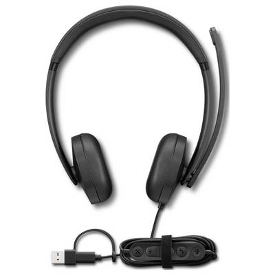 Casque supra-auriculaire sans fil noir avec micro intégré et câble de contrôle en ligne sur fond blanc.