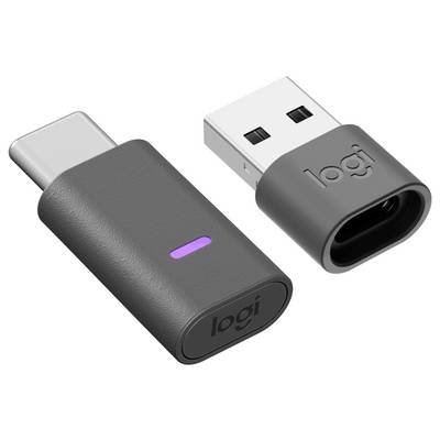 Deux dongles sans fil USB Logitech, l'un avec une prise USB-C et l'autre avec une prise USB-A, présentés sur un fond blanc.