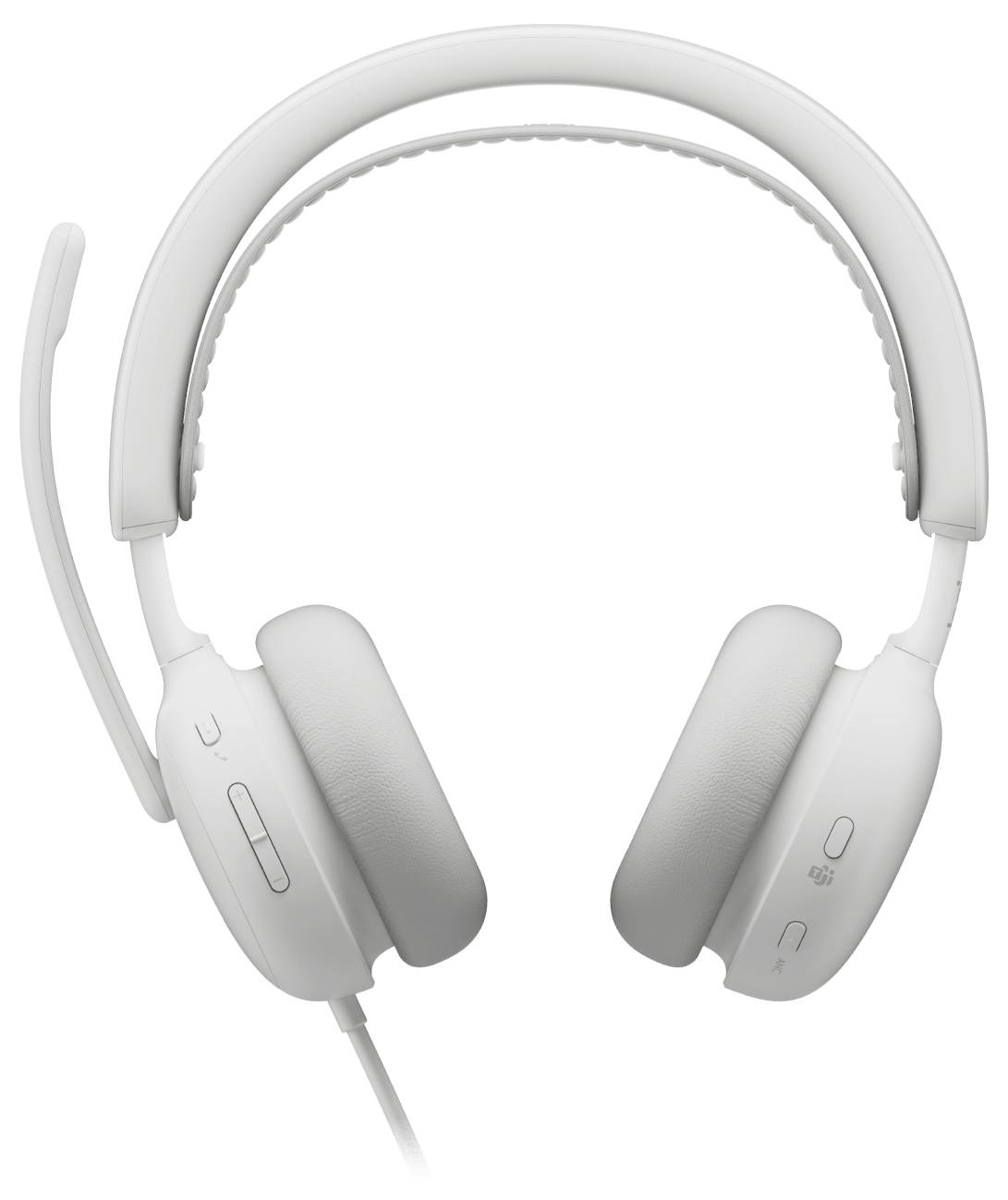 Casque-écouteur blanc supra-auriculaire filaire avec coussinets auriculaires rembourés, serre-tête ajustable et commandes intégrées sur le pavillon gauche, présenté sur un fond neutre.