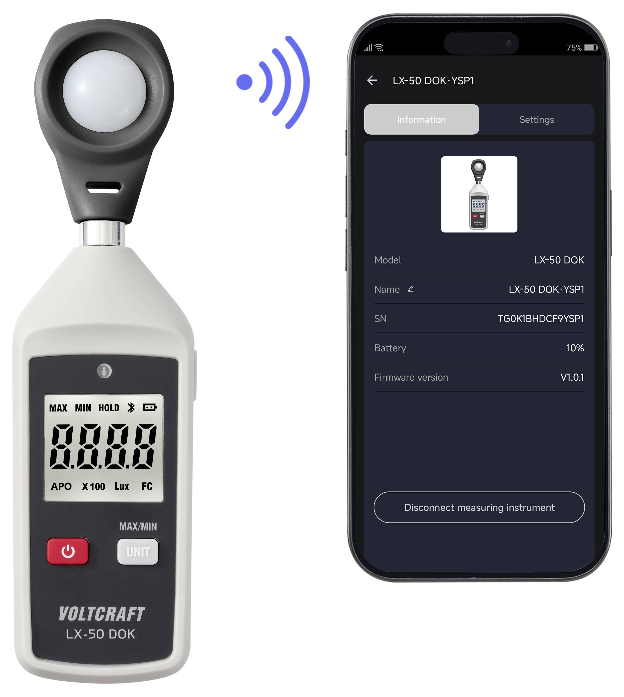 Luxmètre portatif avec tête de capteur et affichage numérique montré à côté d'un écran d'application pour smartphone connecté à l'appareil LX-50 DOK.
