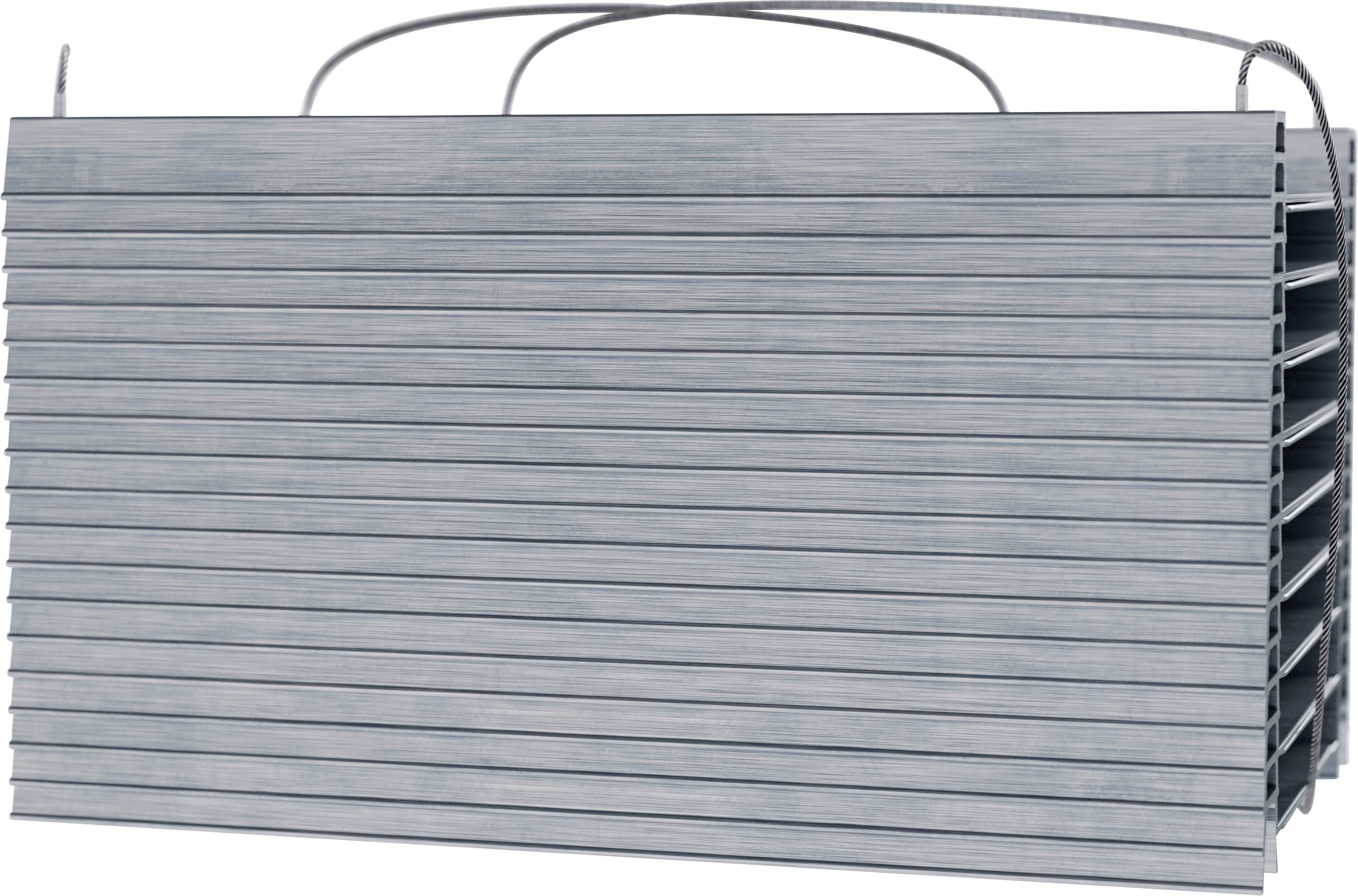 Filtre à air métallique rectangulaire avec un design à lames et des poignées sur le dessus, indiquant un dispositif de filtration d'air portable.