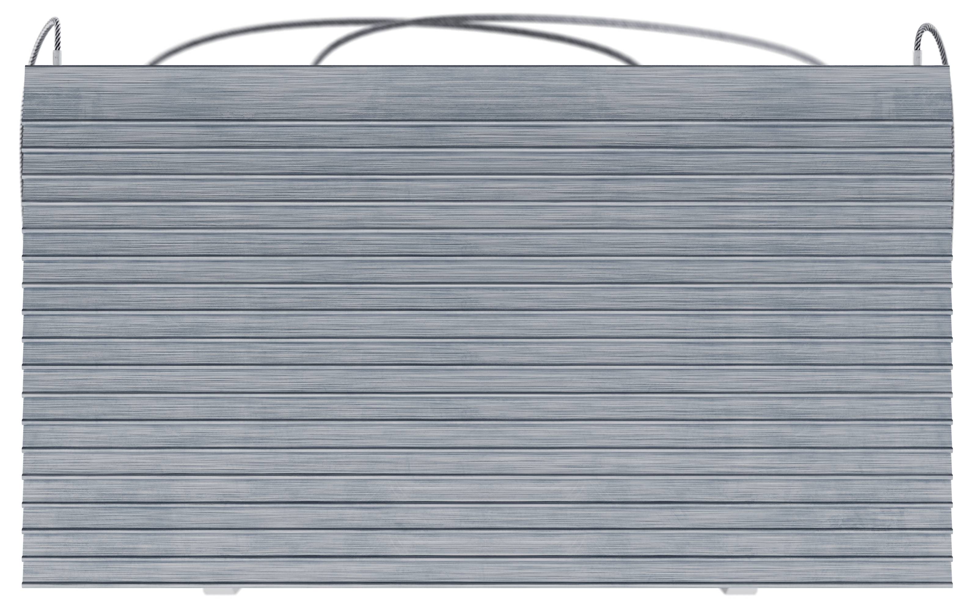Un volet roulant métallique gris fermé avec des lames horizontales, probablement pour une vitrine ou un garage, avec des bords latéraux courbes.