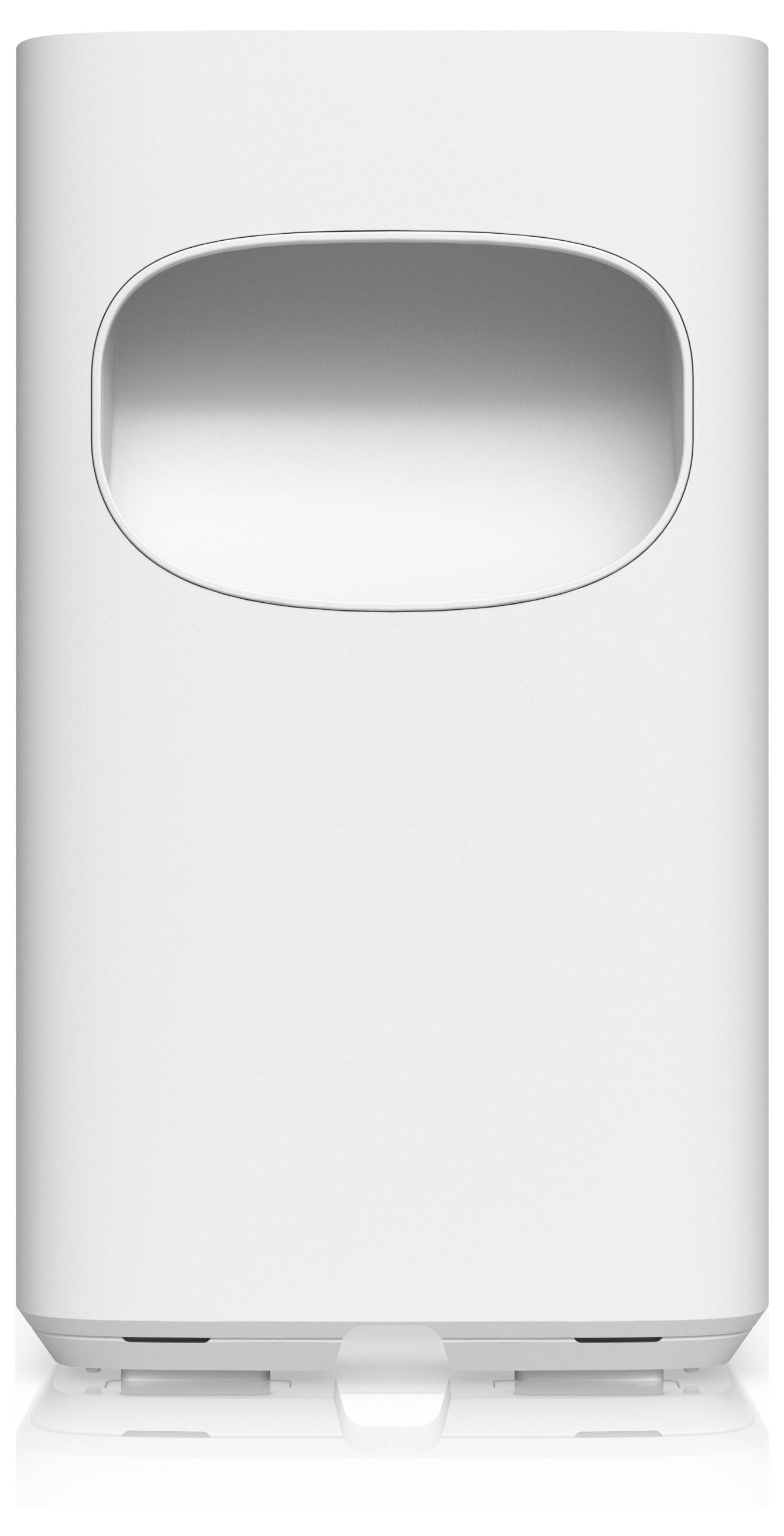 Sèche-mains automatique blanc au design lisse et moderne avec une zone de séchage ouverte et arrondie en haut.